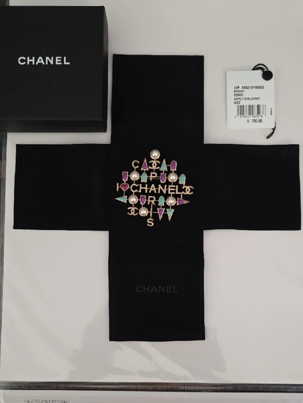 CHANEL Gold-Tone Multicolor Enamel & Pearl Logo Brooch